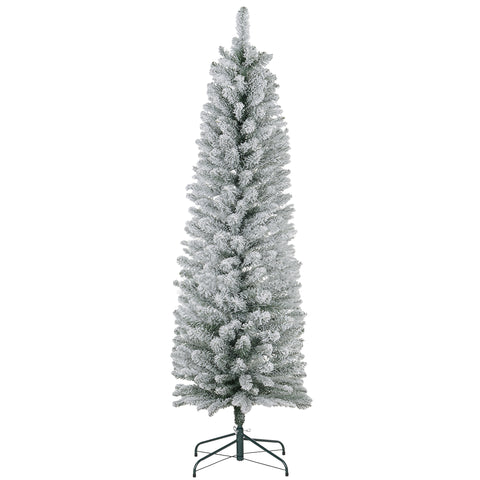 HOMCOM 5ft Snow Flocked Pencil Christmas Tree - Realistic Green Artificial Xmas Tree with Metal Base, Flame-Retardant Branches, Perfect for Small Spaces &amp; Foyers