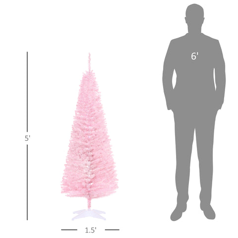 HOMCOM 5ft Pink Artificial Pencil Christmas Tree: Slim Xmas Tree, 294 Realistic Branch Tips, Flame-Retardant Plastic Stand for Indoor Home Decor, Easy Assembly &amp; Storage