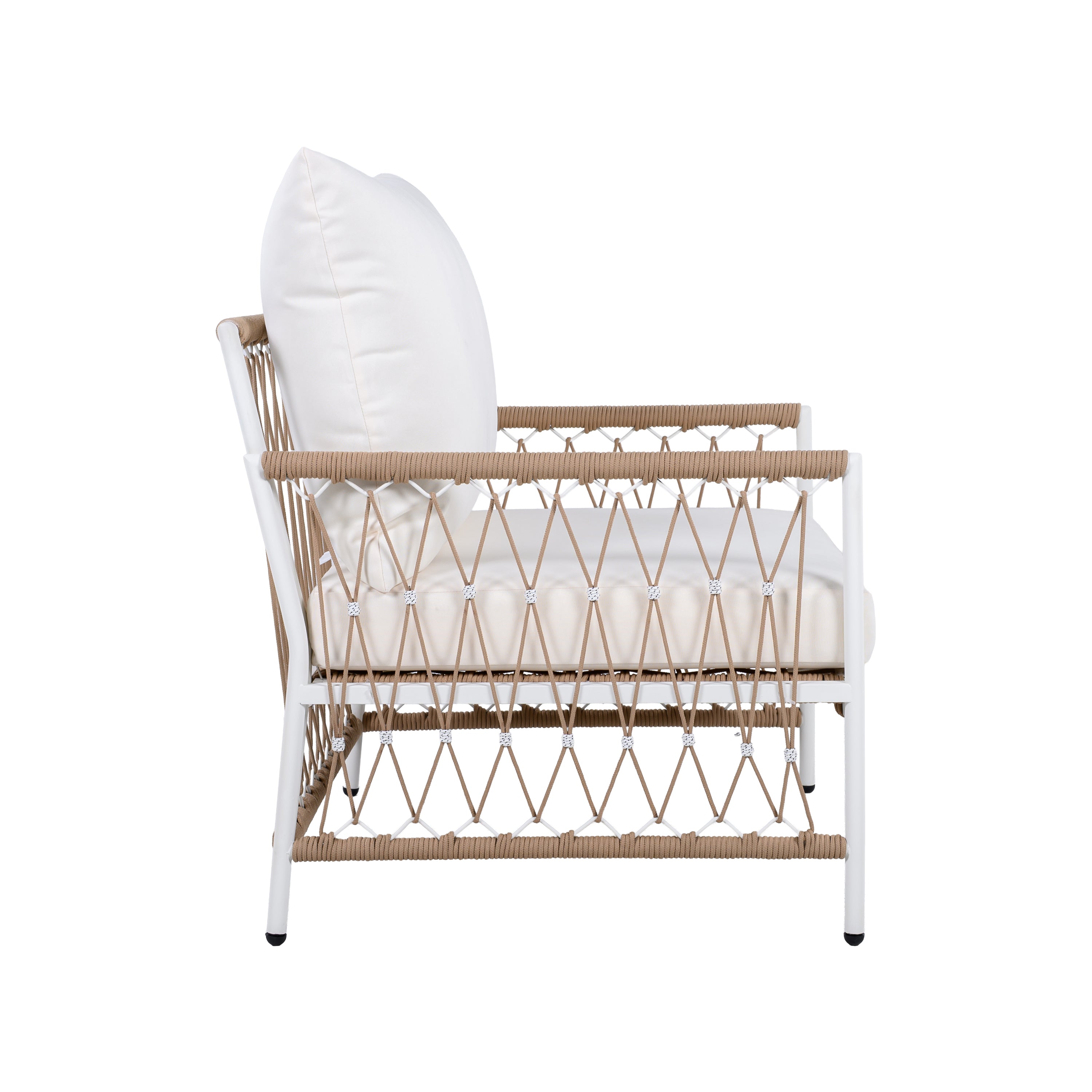 Boho 3-Piece Outdoor Furniture Set: 2 Lounge Chairs & Glass Side Table | Handwoven Rope, Powder-Coated Steel | Waterproof Cushions | Patio, Garden, Poolside Relaxation