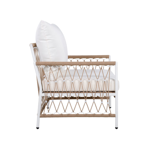 Boho 3-Piece Outdoor Furniture Set: 2 Lounge Chairs & Glass Side Table | Handwoven Rope, Powder-Coated Steel | Waterproof Cushions | Patio, Garden, Poolside Relaxation