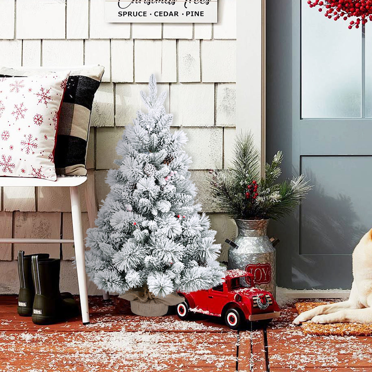 3FT Flocked Snowy Christmas Tree, 170 Tips, PE/PVC & Pine Needle Branches, Pine Cones & Red Berries Decor - Compact White & Green Holiday Tree for Tabletop, Entryway, Office Decor