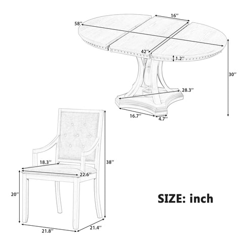 TREXM Extendable Round Dining Set for 4 | Retro 5-Piece Kitchen Table & Chairs | Antique Gray Oak Veneer MDF | 42"-58" Table | Farmhouse Style for Dining Room