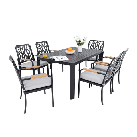 7PC Aluminum Patio Dining Set: Modern Bourbon Brown 6-Seat Outdoor Furniture with Sunbrella Cushions, Nature-Inspired Backrest & Umbrella Hole Table for Garden & Leisure