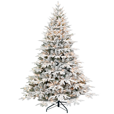 6ft Pre-Lit Flocked Artificial Christmas Tree - Snowy Pine with 400 Warm White Incandescent Lights, 1931 Tips, Memory Wire Branches &amp; Foldable Metal Stand for Festive Holiday Home Decor