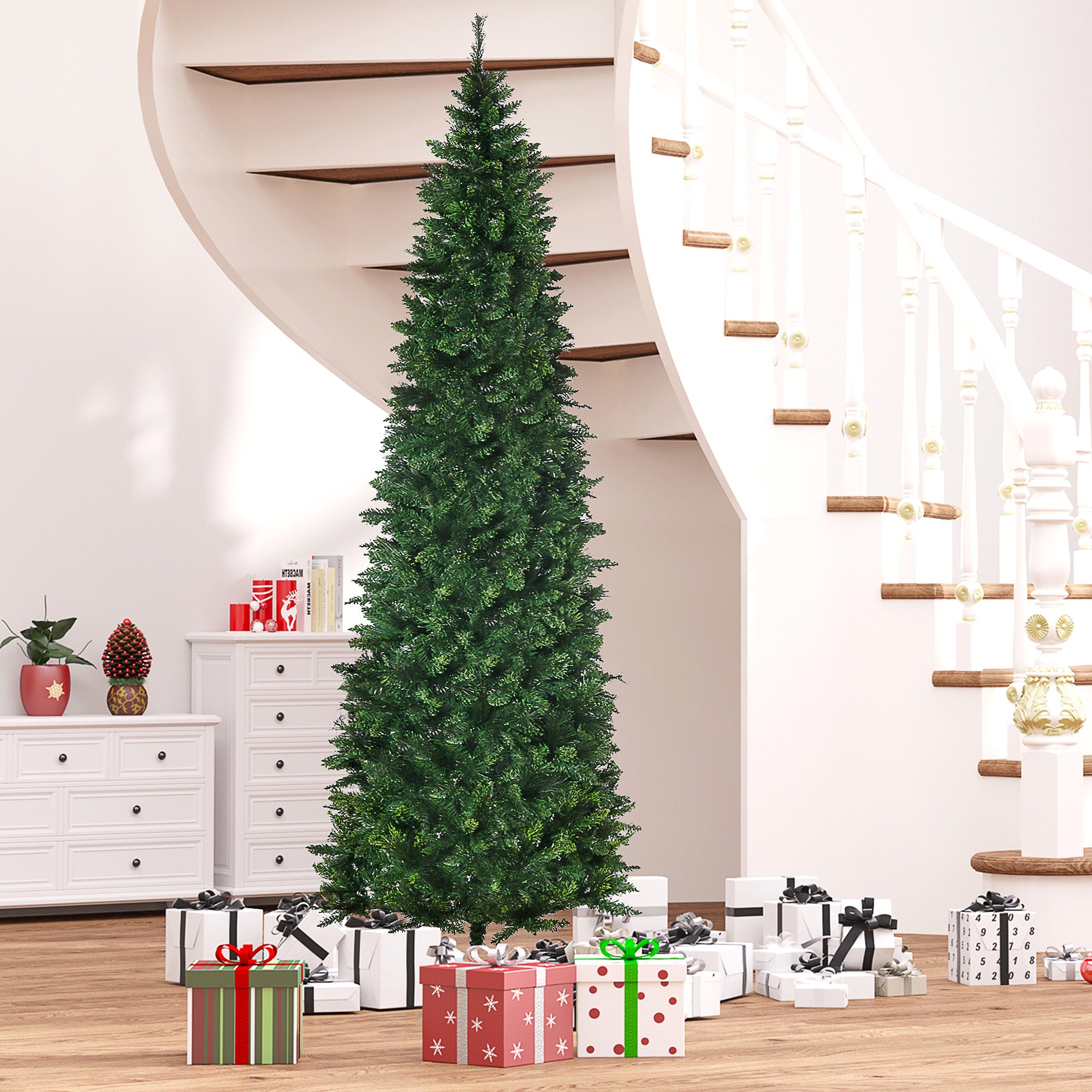 HOMCOM 9ft Slim Pencil Artificial Christmas Tree | 1298 Realistic Pine Needles | Auto-Open Design | Flame Retardant Green Plastic | Sturdy Steel Base | Holiday Home Decor