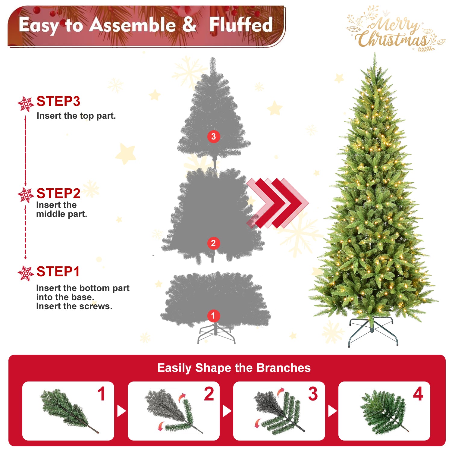 5FT Slim Pencil Christmas Tree with 200 Warm White LEDs - Realistic 610 PE+PVC Tips, Hinged Design, Easy Setup, Sturdy Metal Stand for Apartments & Small Spaces