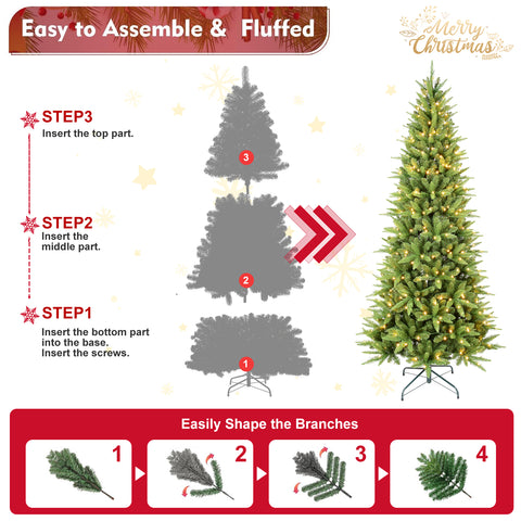 6ft Slim Pencil Christmas Tree, 300 Warm White LED Lights, 850 PE+PVC Tips, Hinged Branches, Metal Stand, Realistic Green Tree for Apartments, Small Spaces, Entryways, Offices