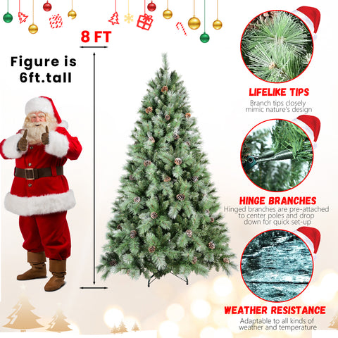 8FT Pre-Decorated Christmas Tree: 1858 Mixed PVC & Hard Needle Tips, 102 Pine Cones, Hinged for Easy Setup, Sturdy Metal Stand - Lush Full Holiday Decor for Home & Office