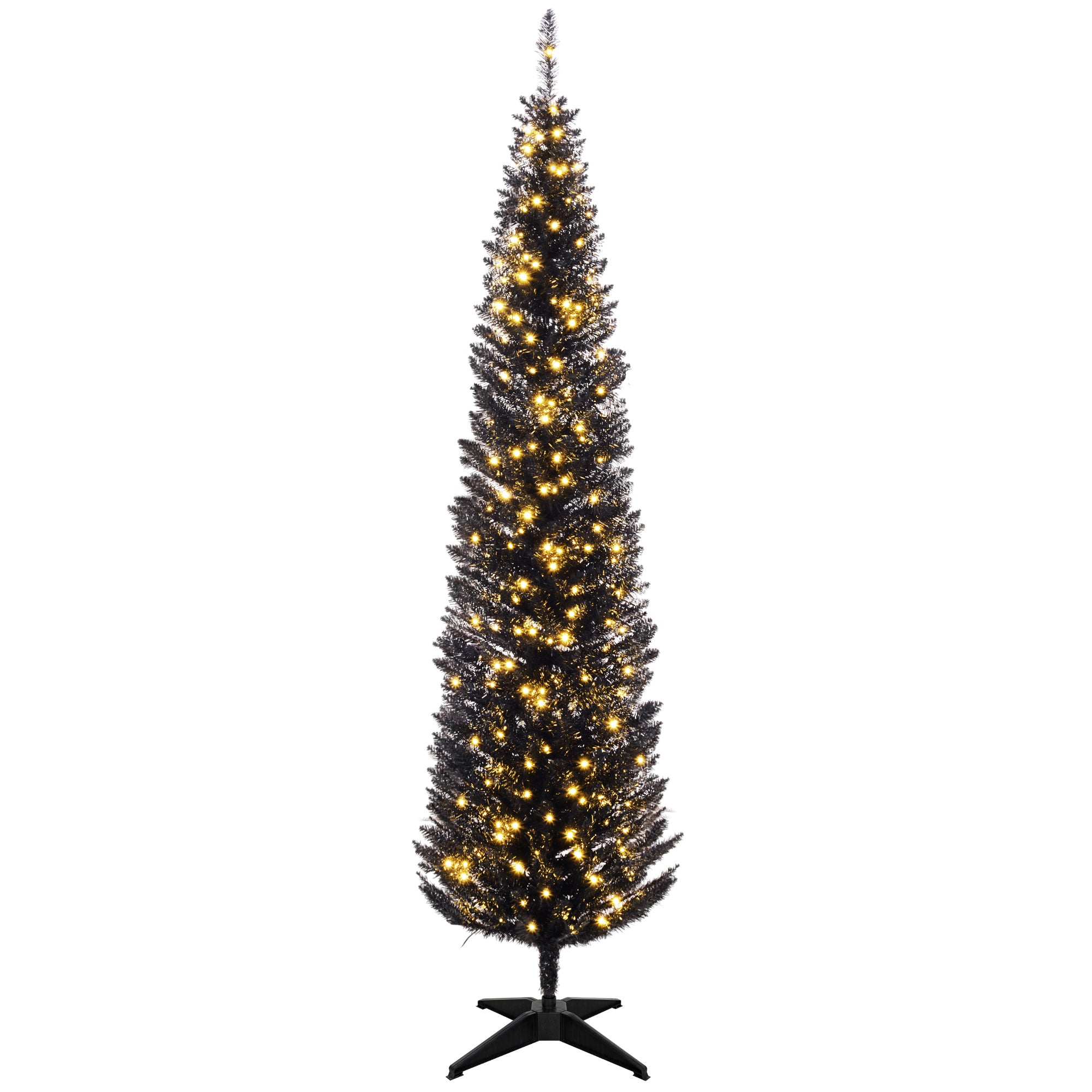 7ft Black Pencil Christmas Tree - Pre-lit Warm White LED, Realistic Flame-Retardant Artificial Xmas Tree for Indoor Decor, Slim Space-Saving Design