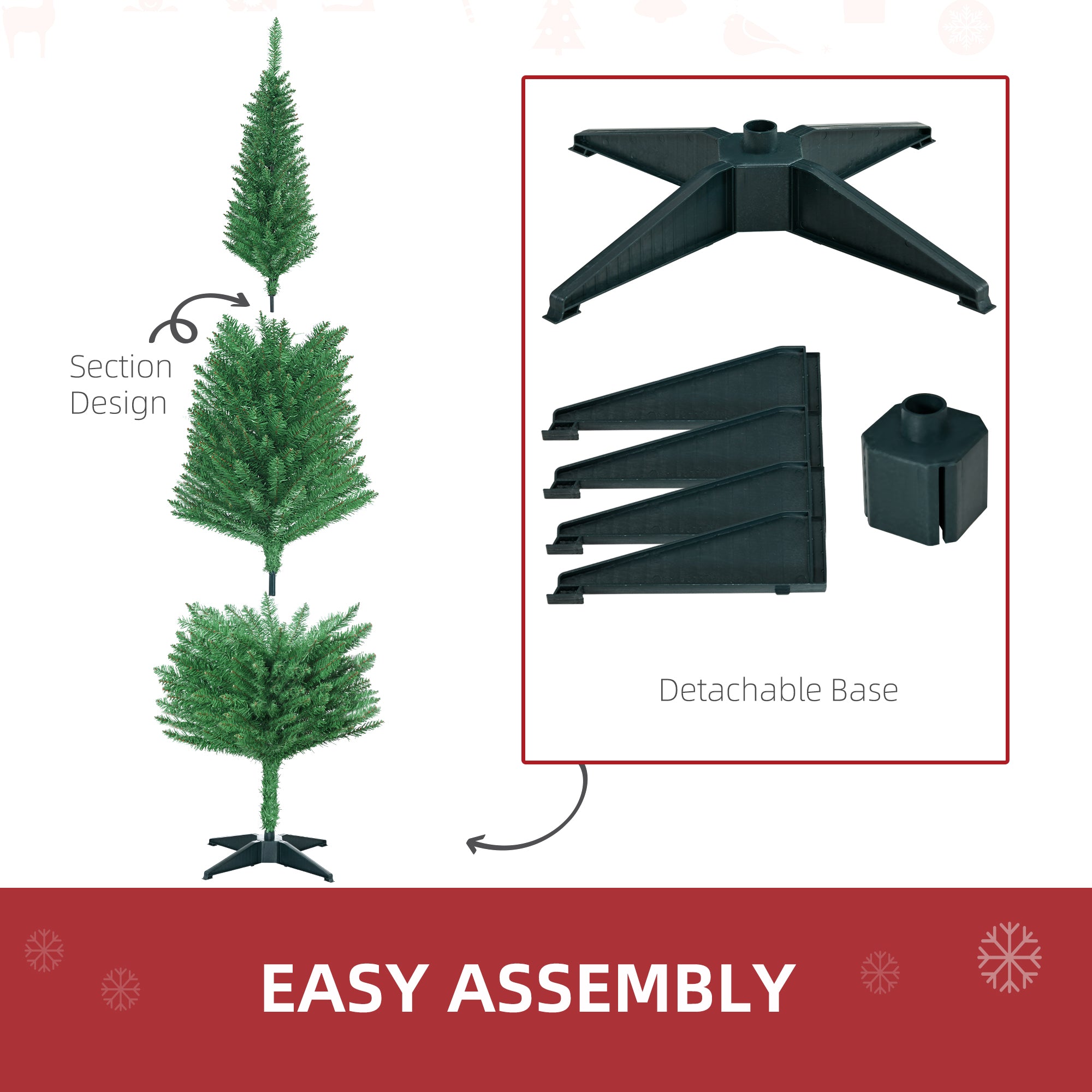 HOMCOM 6ft Slim Pencil Christmas Tree | Realistic Light Green Unlit Xmas Tree with 390 Branch Tips &amp; Plastic Stand | Perfect for Cozy Home Decor &amp; Holiday Ambiance