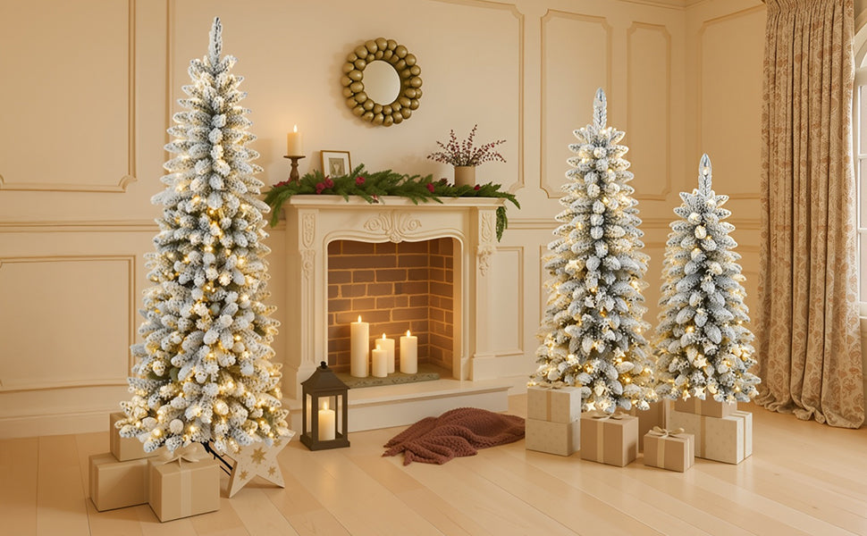 3 Pcs Flocked Artificial Christmas Trees Set w/ Warm White LED Lights, 4ft 5ft 6ft Snow-Covered Pine Tree Decor for Indoor Holiday Parties, Easy Assembly, Dense PVC Tips, Metal Stand, Green/White