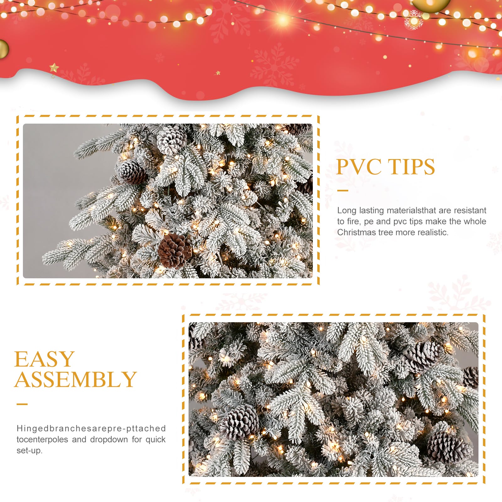 9FT Flocked Snow-Kissed Christmas Tree | 2138 Tips, 1250 Warm White LEDs, 52 Pine Cones | Hinged Branches, Metal Stand | Slim Design for Home & Office Decor