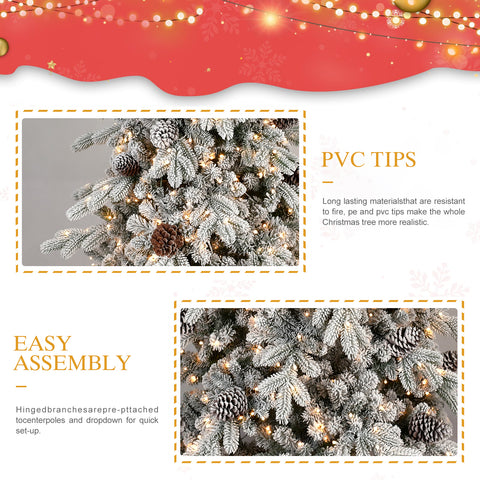 9FT Flocked Snow-Kissed Christmas Tree | 2138 Tips, 1250 Warm White LEDs, 52 Pine Cones | Hinged Branches, Metal Stand | Slim Design for Home & Office Decor