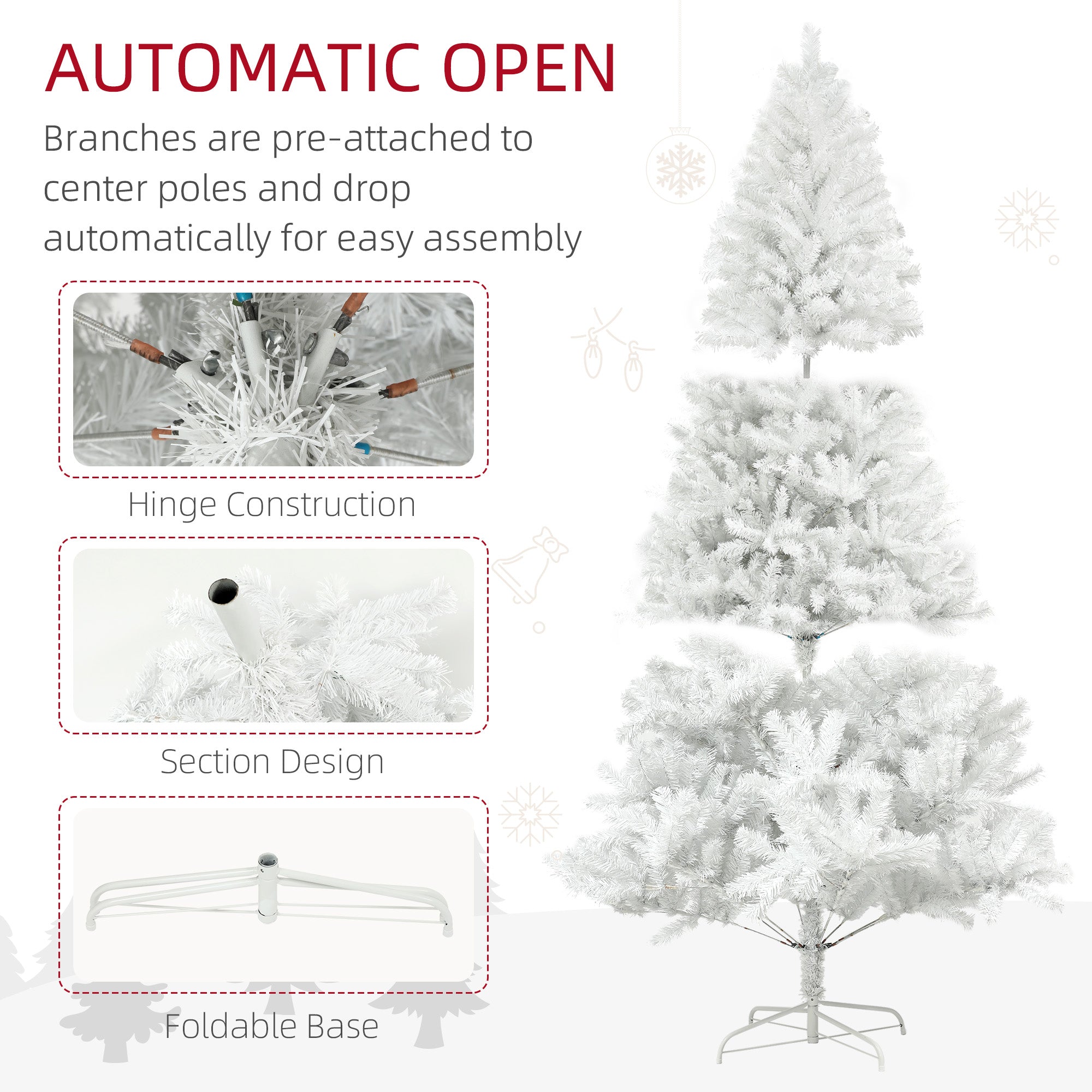 HOMCOM 7.5ft White Artificial Christmas Tree - Auto Open Unlit Xmas Tree with 1346 Realistic Branch Tips, Flame-Retardant, Steel Base - Perfect Holiday Home & Office Decor