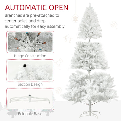HOMCOM 7.5ft White Artificial Christmas Tree - Auto Open Unlit Xmas Tree with 1346 Realistic Branch Tips, Flame-Retardant, Steel Base - Perfect Holiday Home & Office Decor