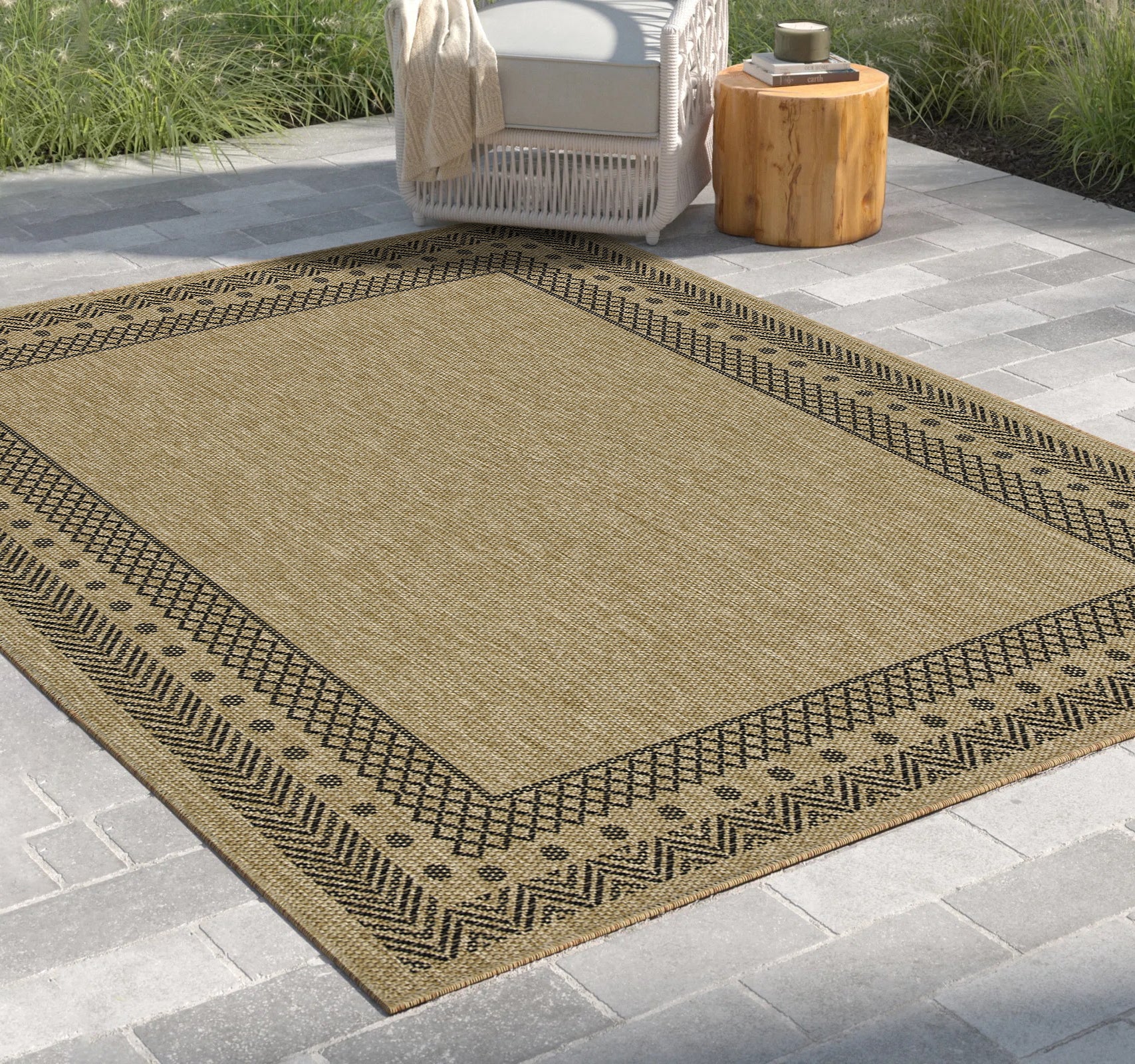 Earth Collection Jute/Black Indoor Outdoor Area Rug - 2'7" x 7'3" Stain-Resistant Polypropylene Flatweave for Entryways, Patios, High-Traffic Areas, Easy Clean, Durable, Turkey Made