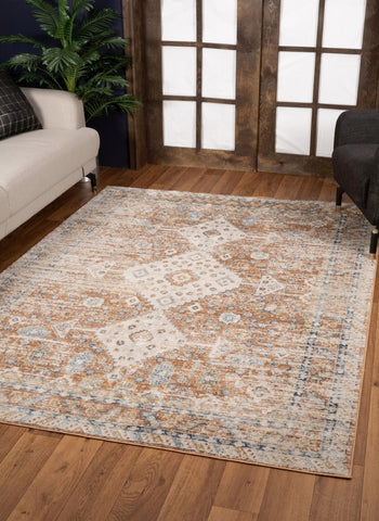 Noble GC_GEN7004 Rust Medallion 2'7" x 7'3" Polyester Area Rug - Durable, Stain Resistant, Low Pile for Entryways &amp; High Traffic, Made in Turkey
