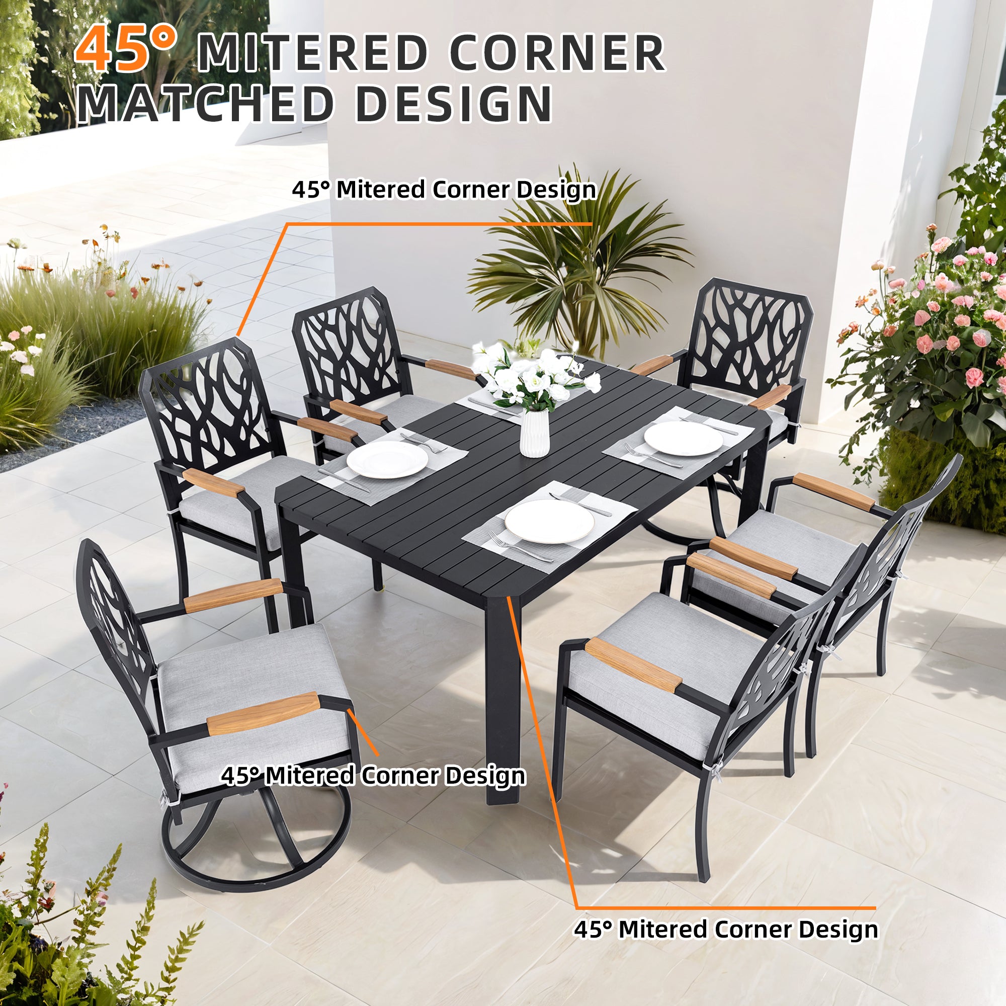 7-PC Bourbon Brown Aluminum Patio Dining Set: 6-Seater Outdoor Furniture with 4 Chairs, 2 Swivel Rockers, Sunbrella Cushions, Branch Backrest, Rectangular Table w/ Umbrella Hole for Garden & Patio Relaxation