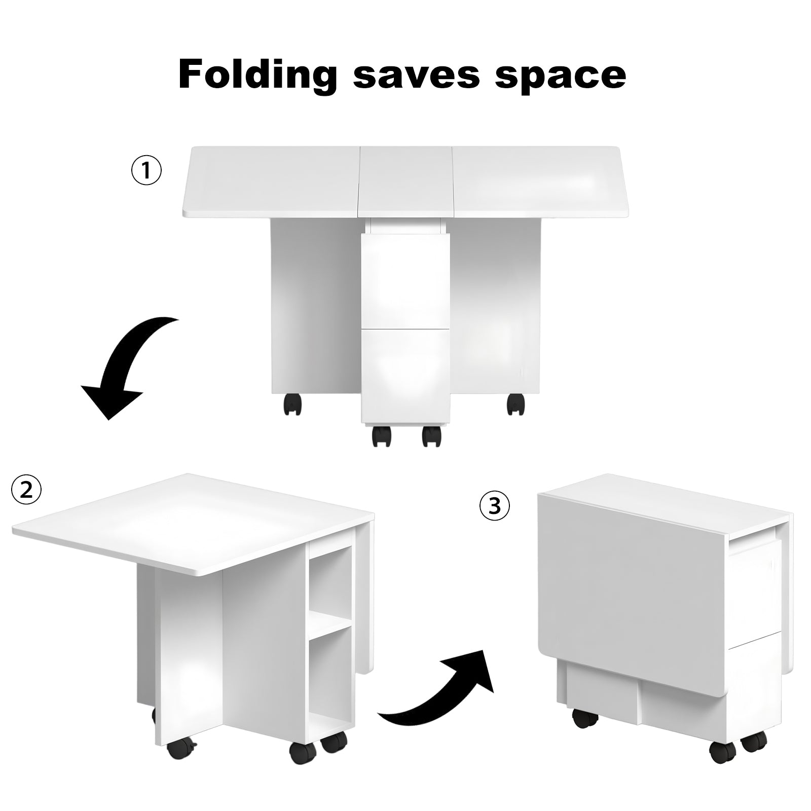 Space-Saving Folding Drop Leaf Dining Table Set for 4 with 4 Chairs, White MDF, 6 Wheels, Versatile for Kitchens & Small Spaces, Easy Clean & Assemble, 47.2"W