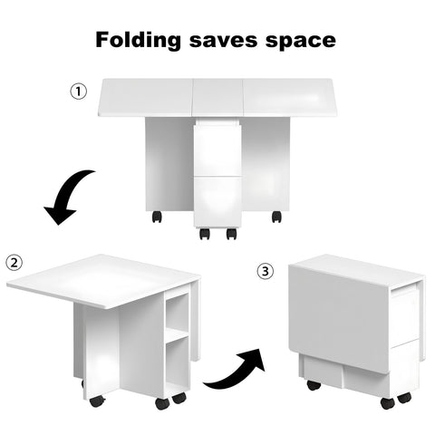Space-Saving Folding Drop Leaf Dining Table Set for 4 with 4 Chairs, White MDF, 6 Wheels, Versatile for Kitchens & Small Spaces, Easy Clean & Assemble, 47.2"W