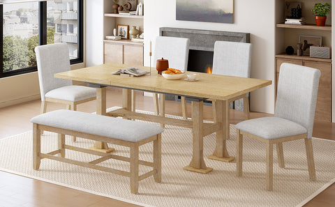 TOPMAX Farmhouse 76" Extendable Dining Table Set: 6-Piece Solid Rubberwood Set with 18" Removable Leaf, Upholstered Chairs & Bench for Dining Room, Natural Finish