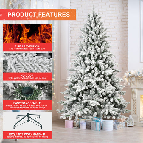 7ft Snowy Flocked Christmas Tree | 1514 Dense PE+PVC Tips | Hinged for Easy Setup | Sturdy Metal Stand | Full Artificial Xmas Tree for Indoor Holiday Decor