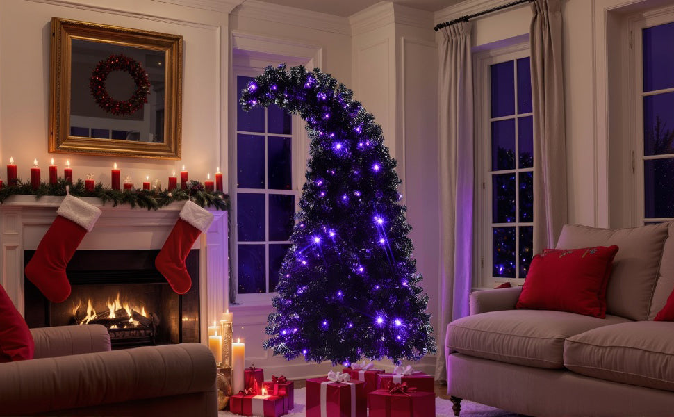 6ft Black Artificial Christmas Tree with LED Lights: Whimsical Hat-Shaped, 900 PET Tips, 250 Orange/Purple Lights, Hinged Branches, Metal Stand for Indoor Holiday Decor