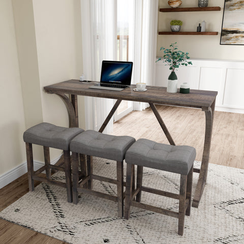 Industrial 4-Piece Bar Table Set with Power Outlet - Rustic Wood Grain Dining Table &amp; Comfy Linen Stools (59"x19"x36") - Space-Saving Breakfast Nook for Living Room, Game Room