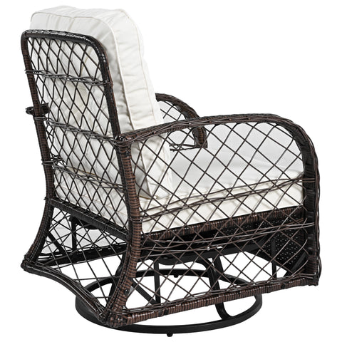 3-Piece Brown Rattan Outdoor Chat Set: 2 Swivel Rocker Chairs &amp; Glass Top Table for Garden Patio Balcony, Weather-Resistant Wicker Seating Group with Cushions