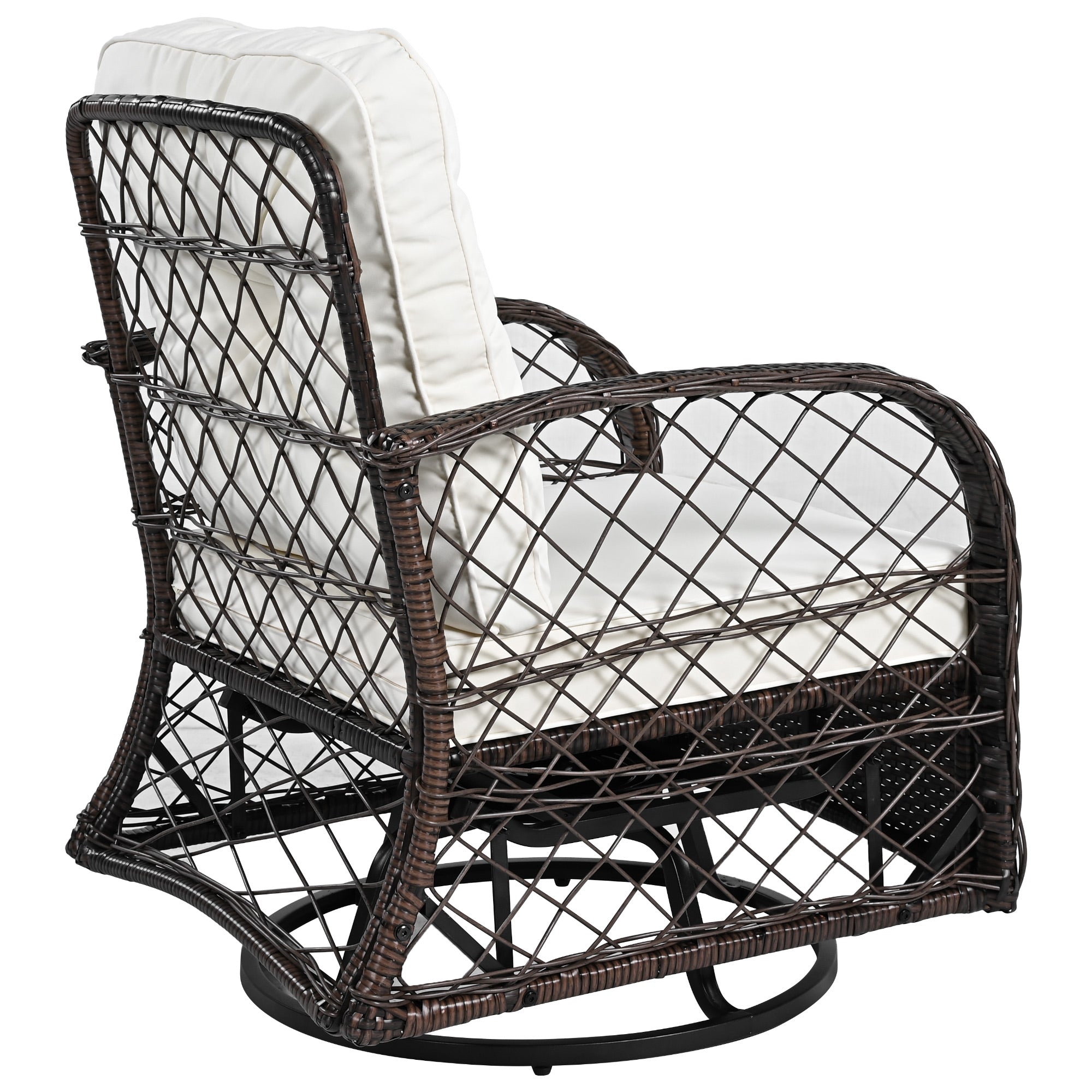 3-Piece Brown Rattan Outdoor Chat Set: 2 Swivel Rocker Chairs &amp; Glass Top Table for Garden Patio Balcony, Weather-Resistant Wicker Seating Group with Cushions