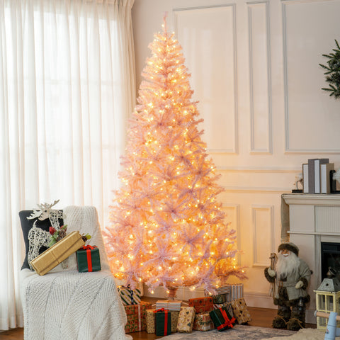 HOMCOM 7.5ft Pink Douglas Fir Prelit Christmas Tree - 500 Warm White LEDs, 1346 Tips, Realistic Branches, Metal Base - Indoor Holiday Decor, Living Room & Party Essential