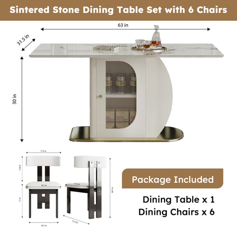 63" Modern Dining Table Set for 4-6, White Velvet Chairs, Burnt Stone Top, Gold Solid Wood Base, Storage Cabinet, Kitchen & Apartment Furniture