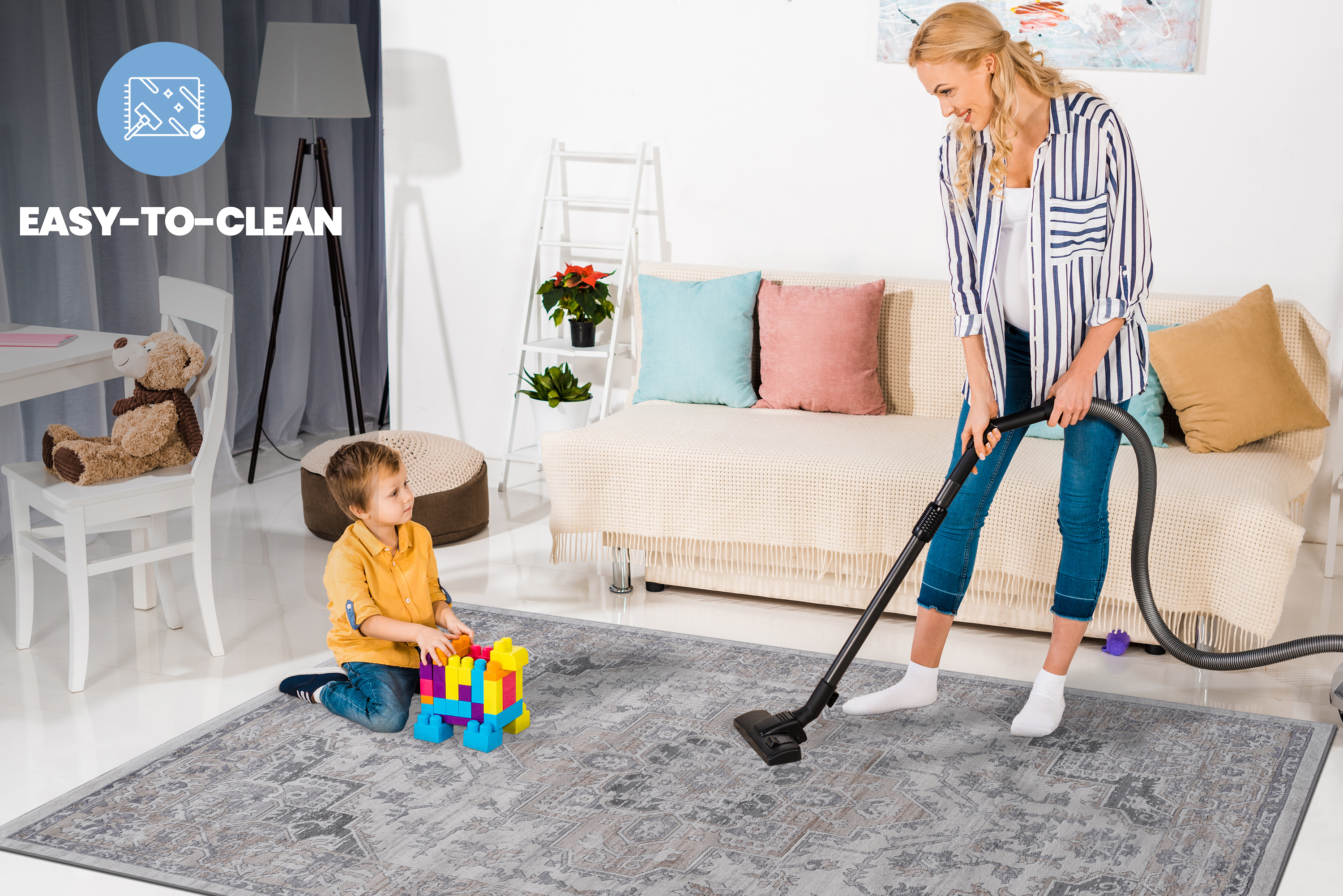 MARFI Oriental Doormat Rug 2'x3' Ivory/Beige - Stain Resistant Polyester, Low Pile Entryway Mat for Living Room, Bedroom, Pet-Friendly, Durable Turkish Quality