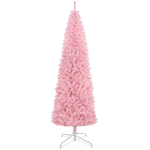HOMCOM 8ft Pink Slim Douglas Fir Artificial Christmas Tree | 1168 Realistic Branch Tips | Easy Assembly | Steel Base | Perfect for Apartments &amp; Small Spaces
