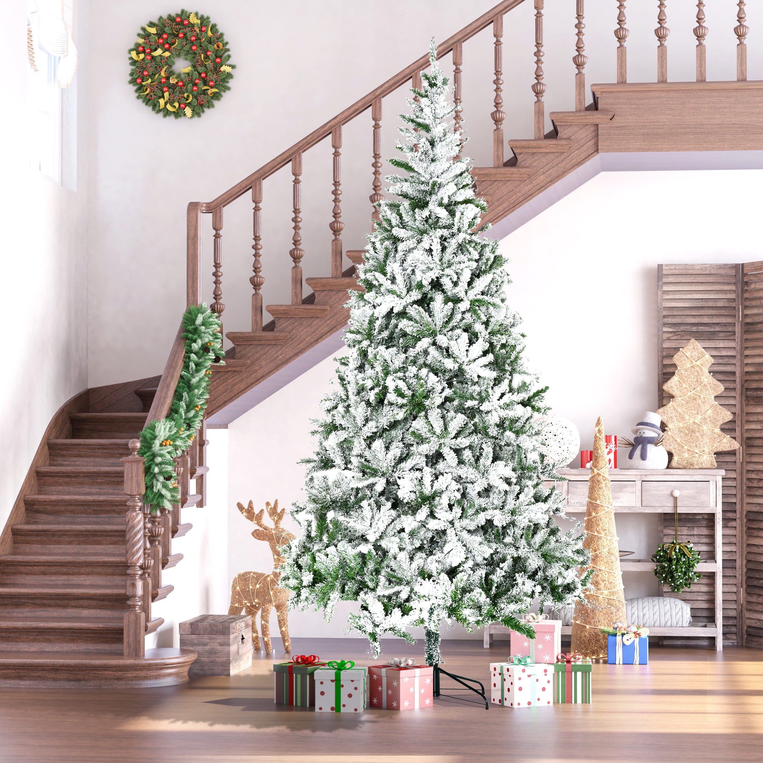 HOMCOM 9' Tall Snow Flocked Pine Artificial Christmas Tree | Realistic Unlit Green Branches | Flame-Retardant &amp; Easy Assembly | Perfect for Home &amp; Holiday Decor