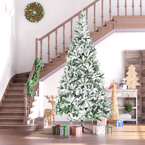 HOMCOM 9' Tall Snow Flocked Pine Artificial Christmas Tree | Realistic Unlit Green Branches | Flame-Retardant &amp; Easy Assembly | Perfect for Home &amp; Holiday Decor