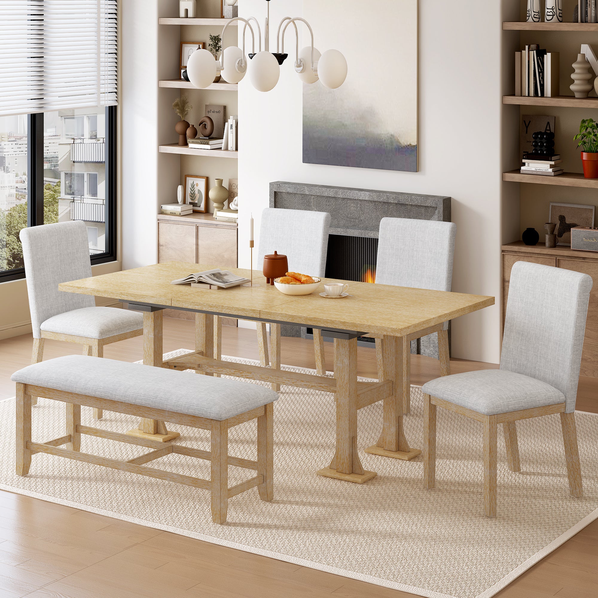 TOPMAX Farmhouse 76" Extendable Dining Table Set: 6-Piece Solid Rubberwood Set with 18" Removable Leaf, Upholstered Chairs & Bench for Dining Room, Natural Finish