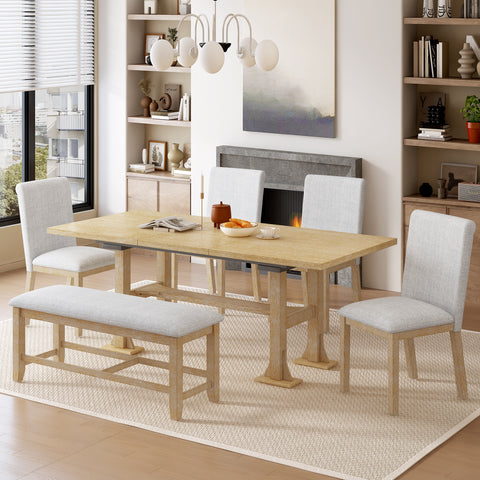 TOPMAX Farmhouse 76" Extendable Dining Table Set: 6-Piece Solid Rubberwood Set with 18" Removable Leaf, Upholstered Chairs & Bench for Dining Room, Natural Finish