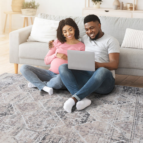 PAYAS Collection 8'x10' Cream/Anthracite Traditional Area Rug - Stain-Resistant, Non-Shedding Polyester, Medium Pile, Durable &amp; Easy Care for Living Room, Bedroom, Entryway, Home Office