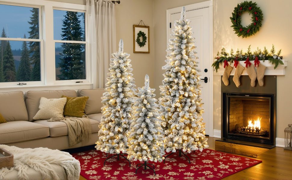 3 Pcs Flocked Artificial Christmas Trees Set w/ Warm White LED Lights, 4ft 5ft 6ft Snow-Covered Pine Tree Decor for Indoor Holiday Parties, Easy Assembly, Dense PVC Tips, Metal Stand, Green/White