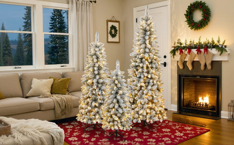 3 Pcs Flocked Artificial Christmas Trees Set w/ Warm White LED Lights, 4ft 5ft 6ft Snow-Covered Pine Tree Decor for Indoor Holiday Parties, Easy Assembly, Dense PVC Tips, Metal Stand, Green/White