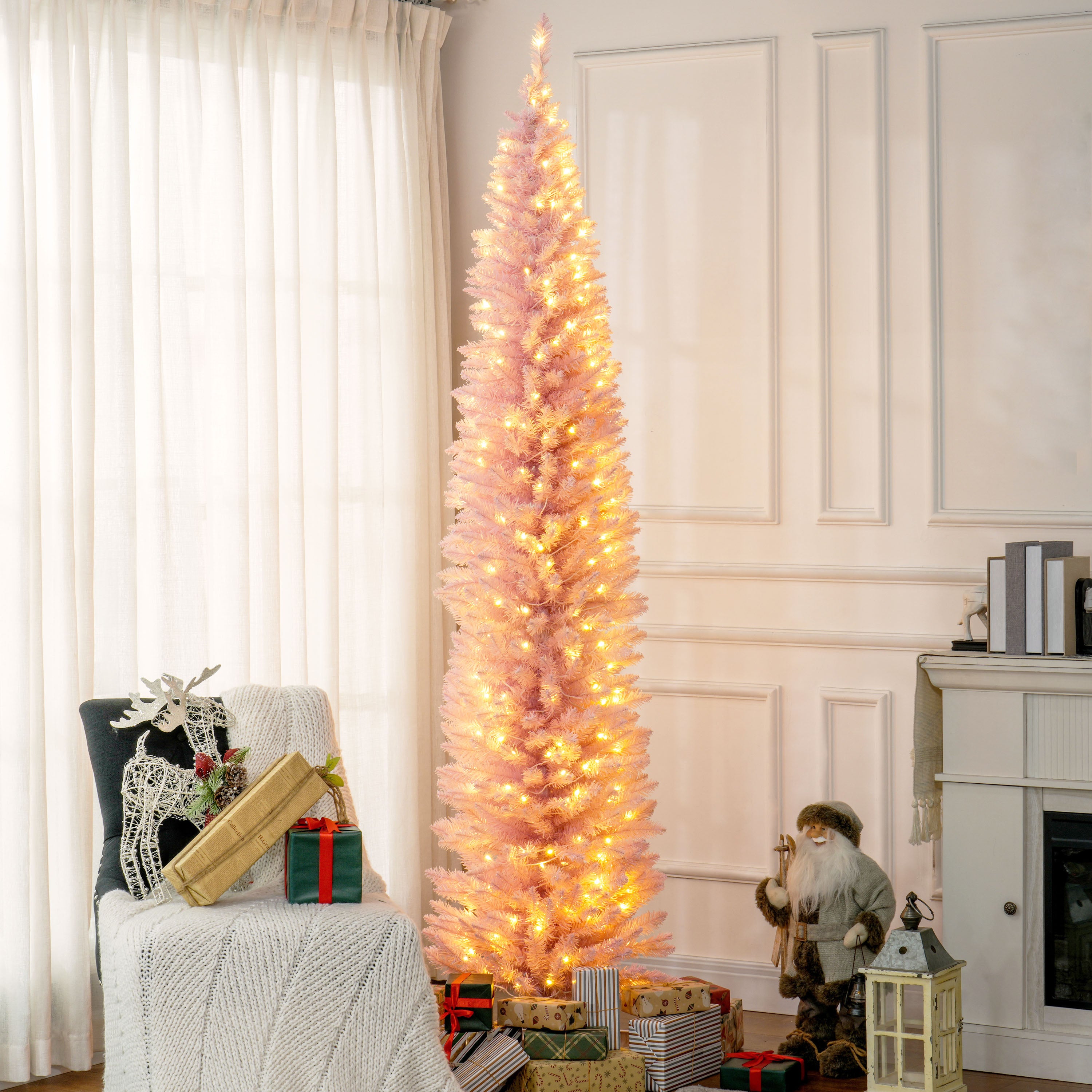 HOMCOM 8' Slim Pink Noble Fir Artificial Christmas Tree: 618 Tips, 300 Warm White LEDs, Flame-Retardant Plastic, Perfect for Home &amp; Fireplace Decor