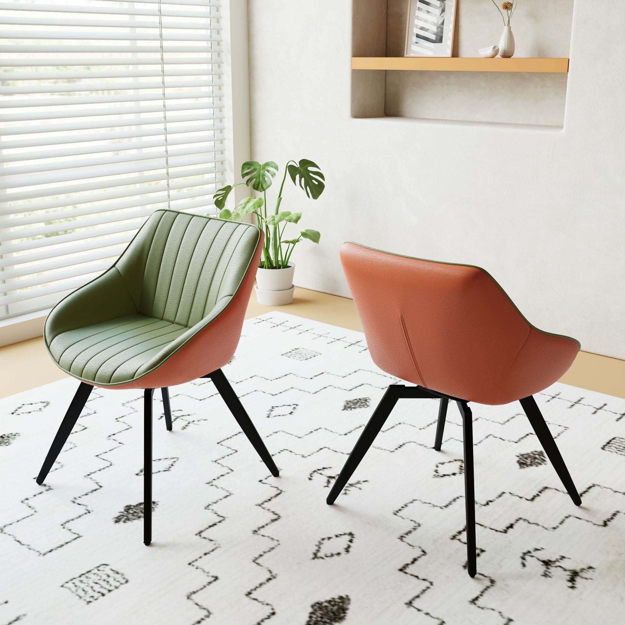 29.5" Modern Round MDF Coffee Table with Storage & 2 Ergonomic PU Dining Chairs - Ring Stripe Design, Black Metal Legs - Ideal for Kitchen, Living Room, Home Office Decor