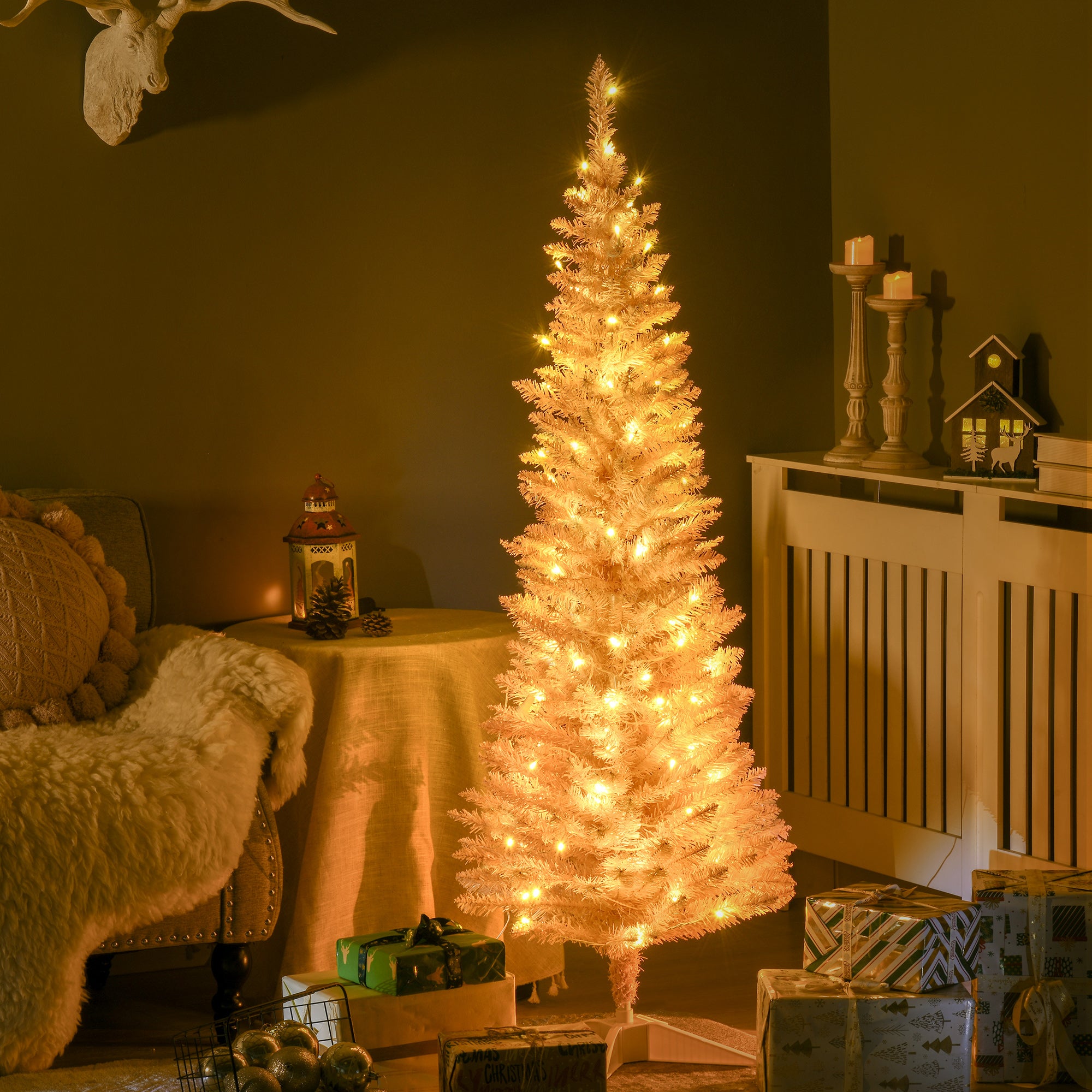 HOMCOM 5' Pink Slim Noble Fir Artificial Christmas Tree | 110 Warm White LEDs, 294 Tips | Realistic, Flame-Retardant Plastic | Easy Setup & Storage for Festive Home Decor