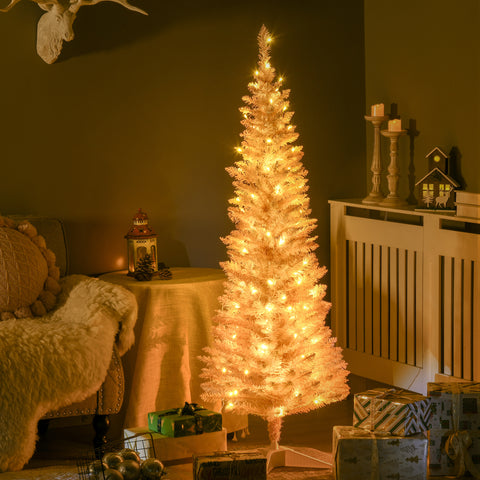 HOMCOM 5' Pink Slim Noble Fir Artificial Christmas Tree | 110 Warm White LEDs, 294 Tips | Realistic, Flame-Retardant Plastic | Easy Setup & Storage for Festive Home Decor