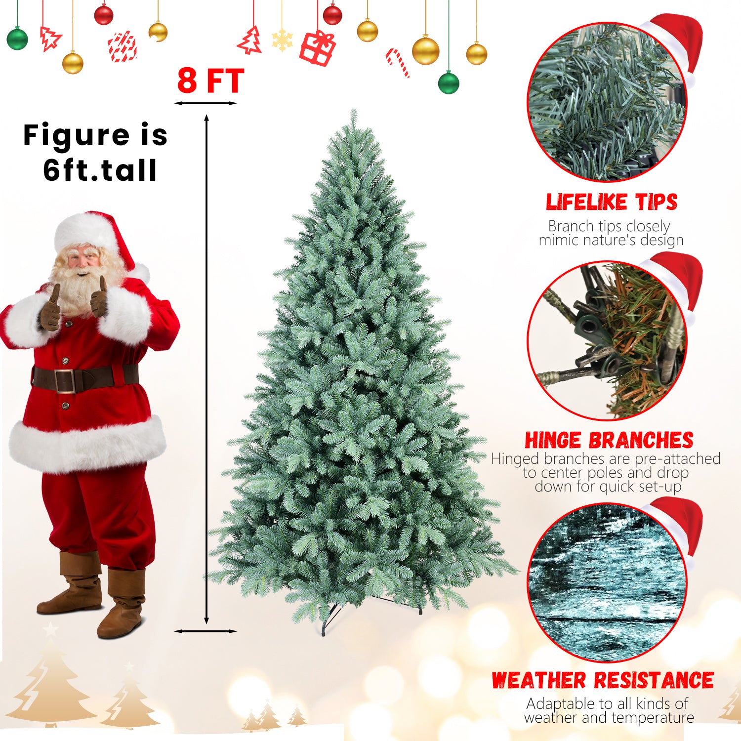 8FT Blue-Green Tint PE/PVC Christmas Tree | 2458 Dense Tips, Hinged Branches, Full Realistic Look | Stable Metal Stand, Easy Assembly | Stylish Holiday Decor for Home &amp; Office