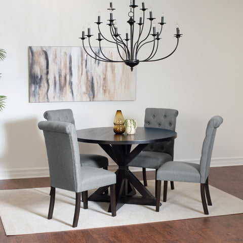 Nylander 5-Piece Round Dining Set: Black Oak Veneer Cross-Buck Pedestal Table & 4 Espresso Button-Tufted Chairs - Seats 4, Durable Rubberwood Base, Modern Farmhouse Style for Dining Room