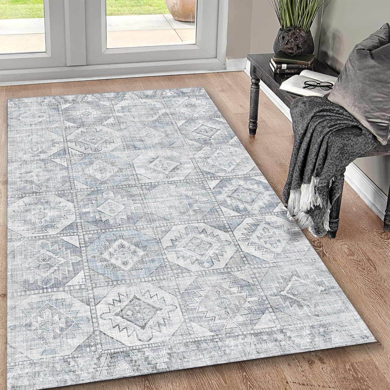 Toucan K5644-4 Silver 5'x7' Washable Non-Slip Area Rug - Durable Polyester Pile, Low Pile, Felt & TPR Rubber Backing - Ideal for Living Room, Hallway, Entryway, High-Traffic Areas