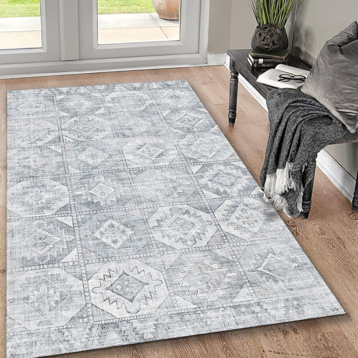 Toucan K5644-4 Silver 5'x7' Washable Non-Slip Area Rug - Durable Polyester Pile, Low Pile, Felt & TPR Rubber Backing - Ideal for Living Room, Hallway, Entryway, High-Traffic Areas