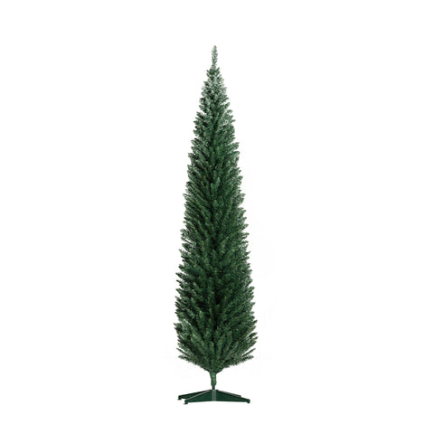 HOMCOM 8ft Slim Pencil Christmas Tree | 618 Realistic Branch Tips | Flame-Retardant Plastic | Green | Indoor Home & Fireplace Decor | Easy Assembly & Storage